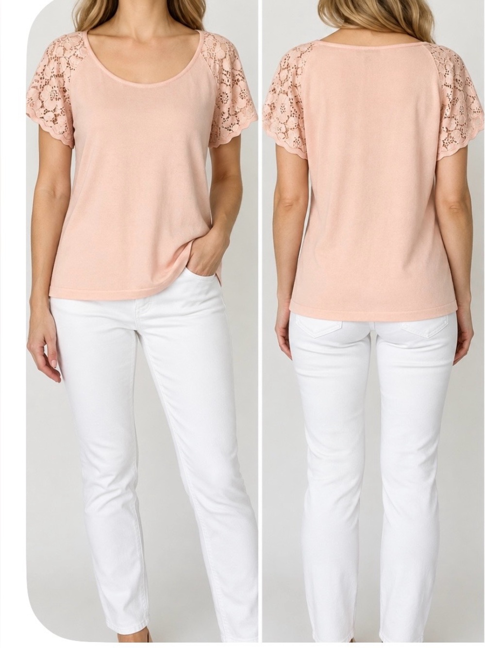 Women's Lace Sleeve Scoop Neck Top - Blush